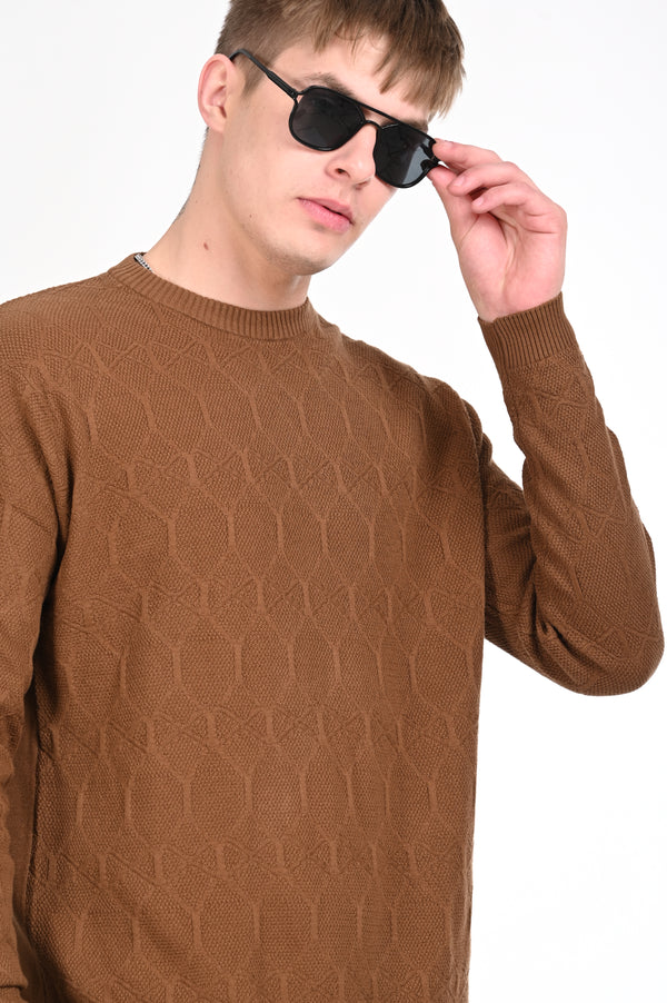 Brown Textured Regular Fit Sweater