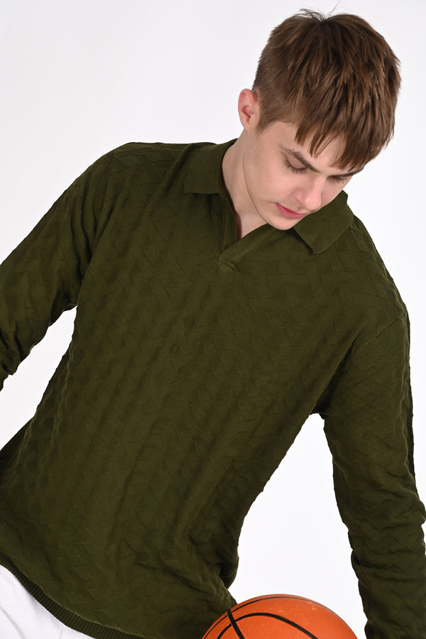 Olive Green Knitted Polo Neck TShirt