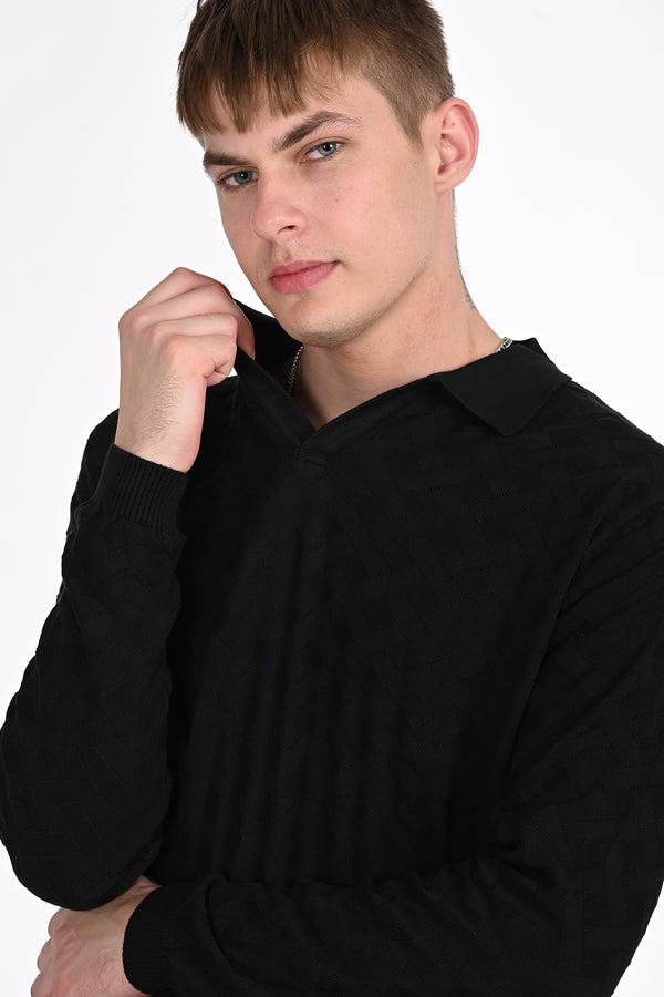 Black Knitted Polo Neck TShirt