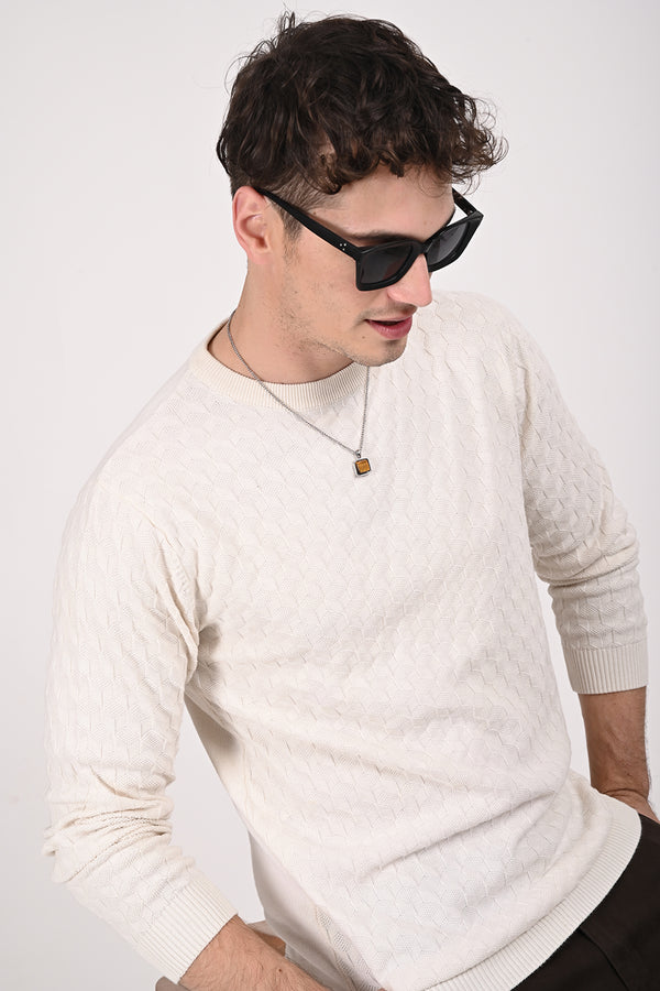 Cream Cubic Round Neck Full Sleeve T-Shirt