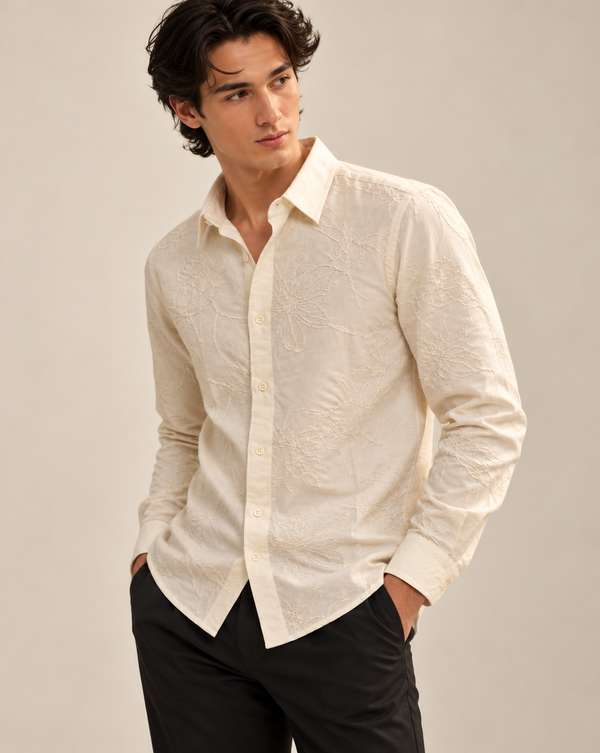 Cream Textured Jacquard Ilyzly Shirt