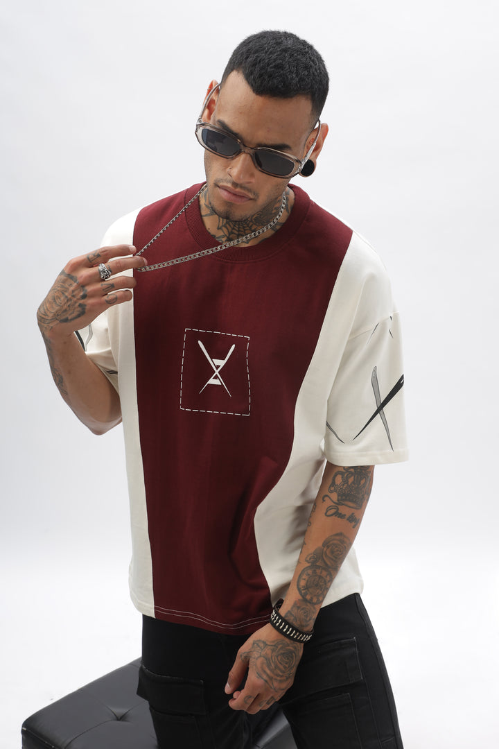 CrossBlock Maroon&Cream Dropshoulder Tee Ilyzly