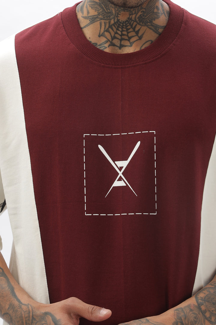 CrossBlock Maroon&Cream Dropshoulder Tee Ilyzly