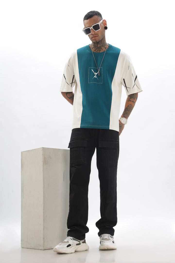 CrossBlock Peacock Green&Cream Dropshoulder Tee Ilyzly