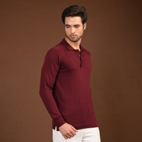 Maroon Polo Neck Full Sleeve T-Shirt