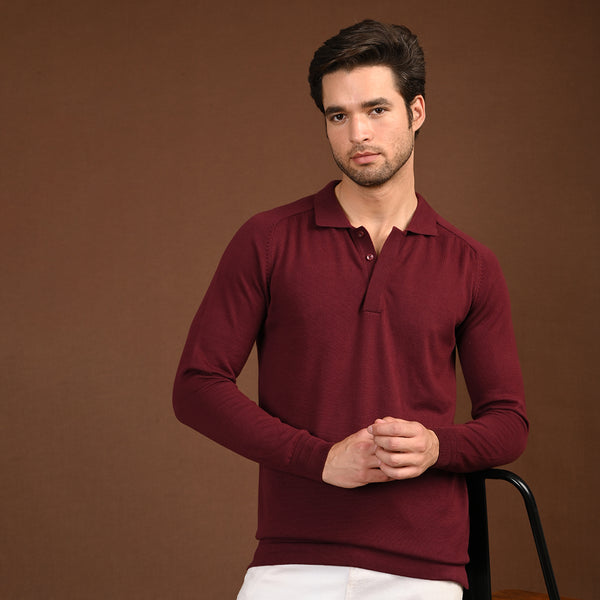 Maroon Polo Neck Full Sleeve T-Shirt