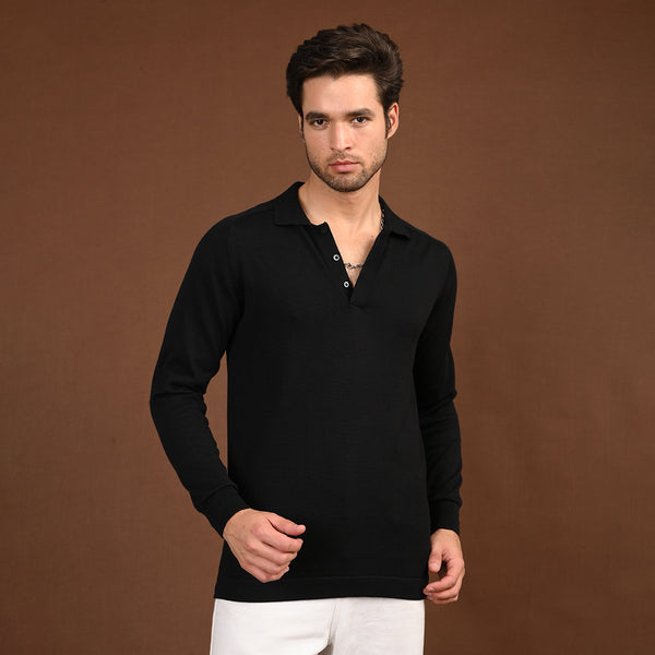Black Polo Neck Full Sleeve T-Shirt