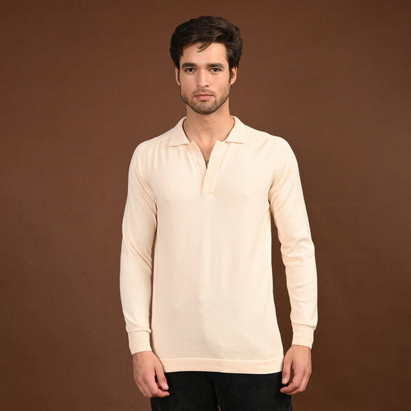 Cream Polo Neck Full Sleeve T-Shirt