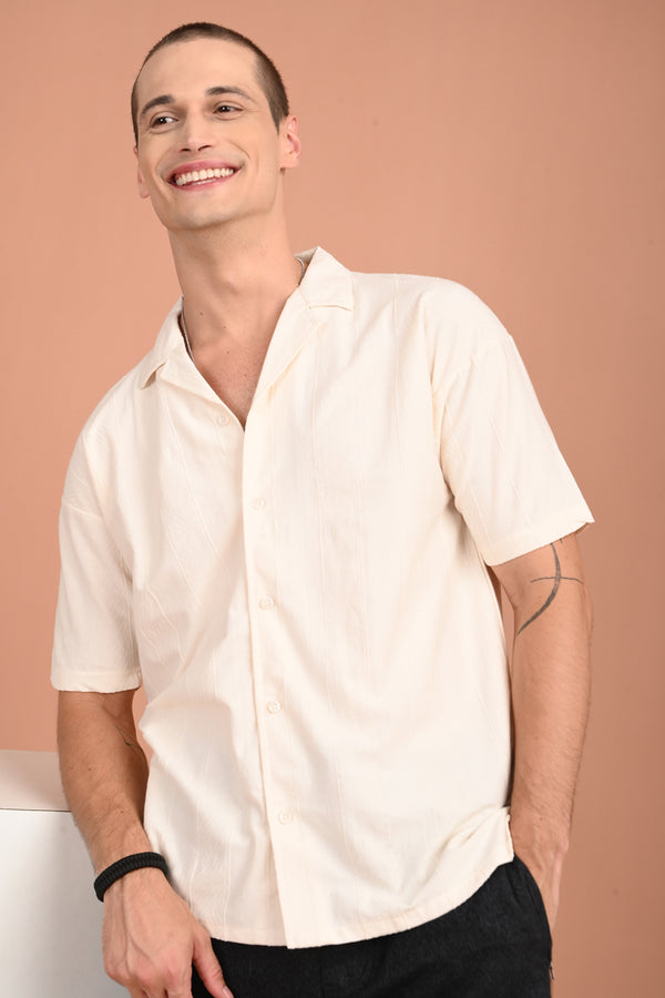 Cream Self Design Cuban Collar Shirt