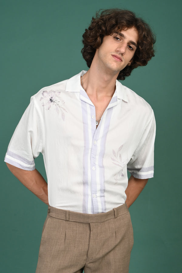 White Violet Printed Shirt Half Sleeve