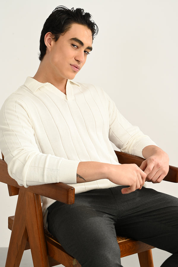 White Self Design Polo T-Shirt Full Sleeve