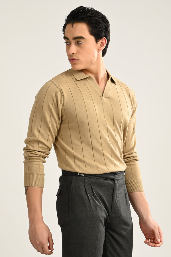 Beige Self Design Polo T-Shirt Full Sleeve
