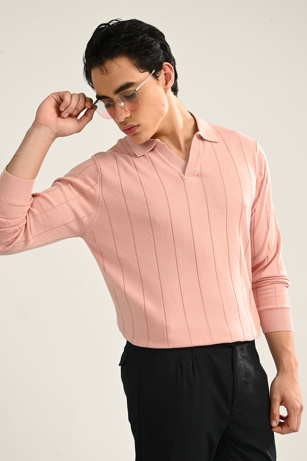 Pink Self Design Polo T-Shirt Full Sleeve