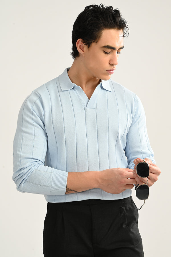 Sky Blue Self-Design Polo T-Shirt Full Sleeve