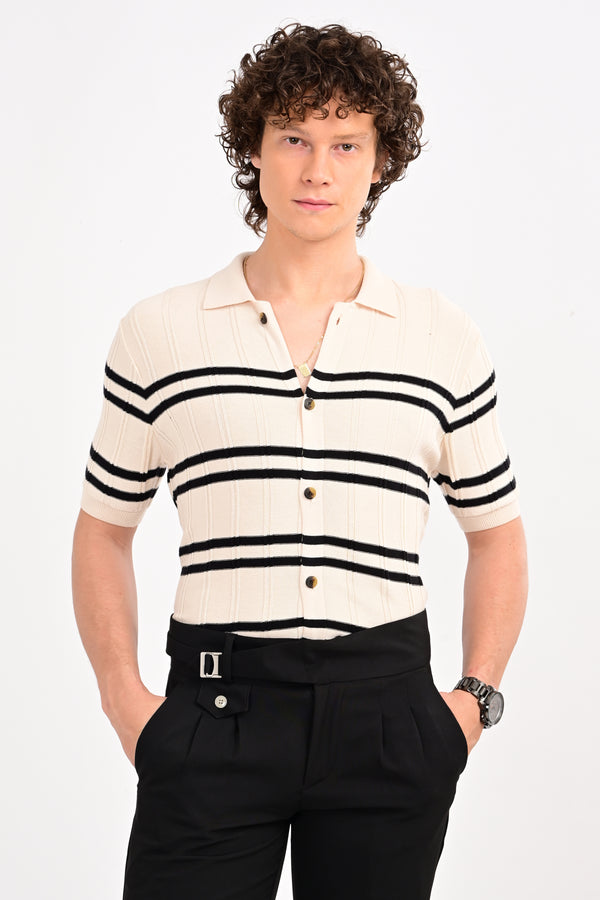 Cream Half Sleeve Horizontal Stripe Polo Shirt