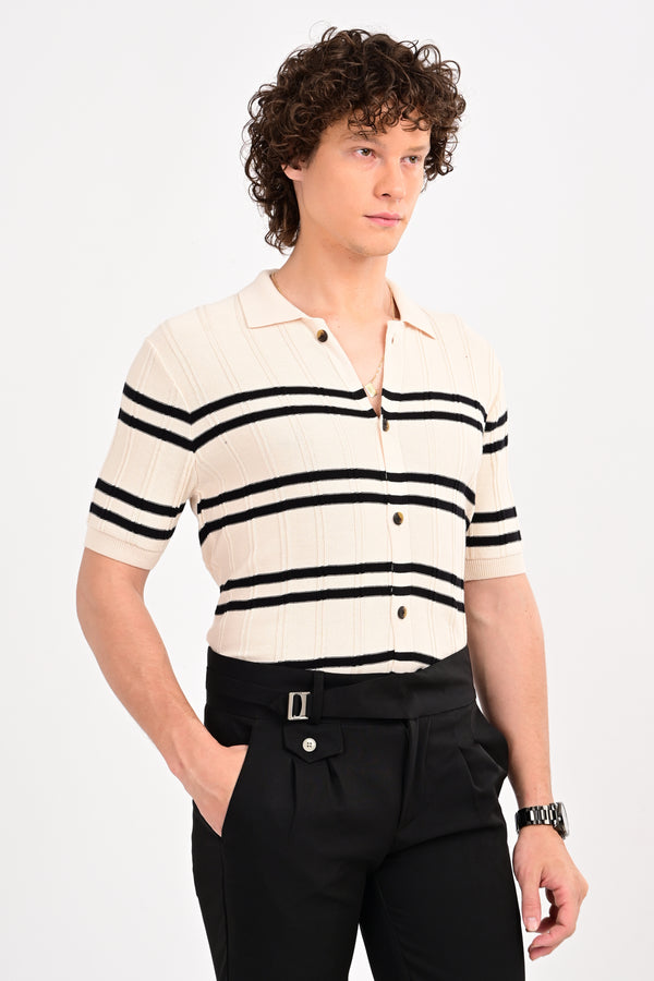 Cream Half Sleeve Horizontal Stripe Polo Shirt
