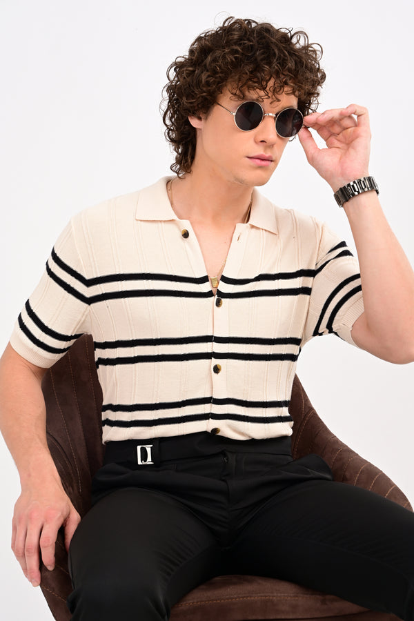 Cream Half Sleeve Horizontal Stripe Polo Shirt
