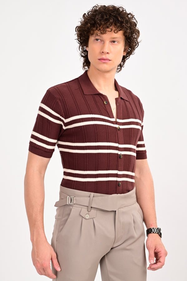Brown Half Sleeve Horizontal Stripe Polo Shirt