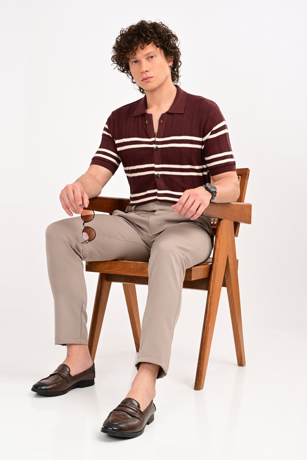 Brown Half Sleeve Horizontal Stripe Polo Shirt