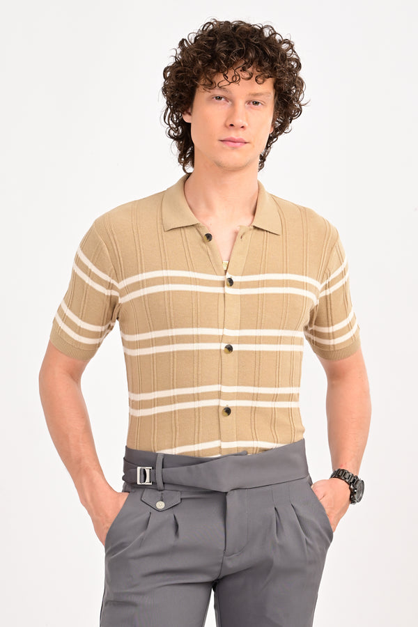 Beige Half Sleeve Horizontal Stripe Polo Shirt