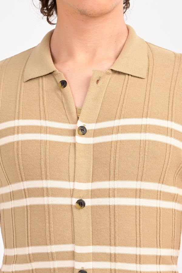 Beige Half Sleeve Horizontal Stripe Polo Shirt