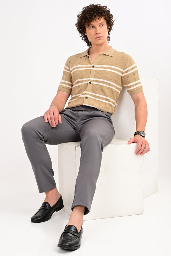 Beige Half Sleeve Horizontal Stripe Polo Shirt