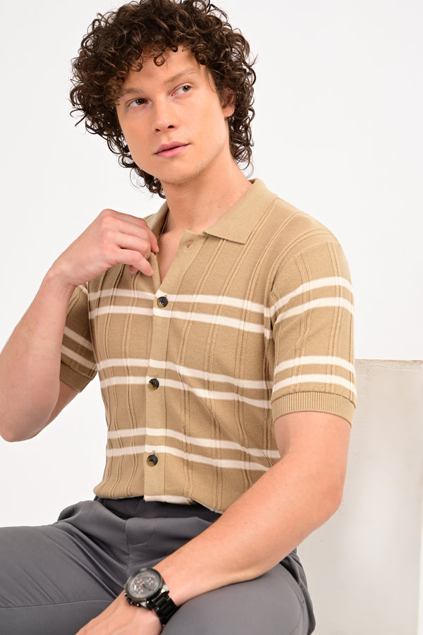 Beige Half Sleeve Horizontal Stripe Polo Shirt