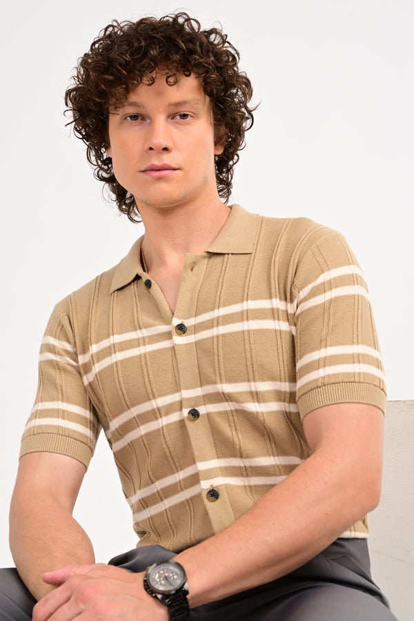Beige Half Sleeve Horizontal Stripe Polo Shirt