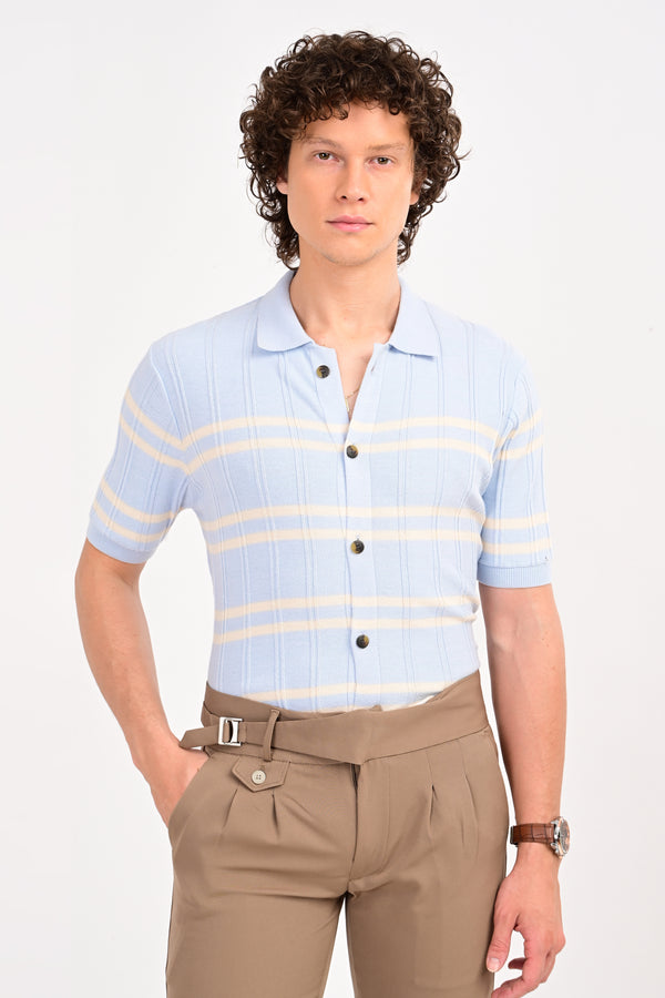 Blue Half Sleeve Horizontal Stripe Polo Shirt