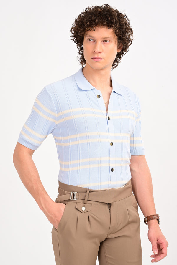 Blue Half Sleeve Horizontal Stripe Polo Shirt