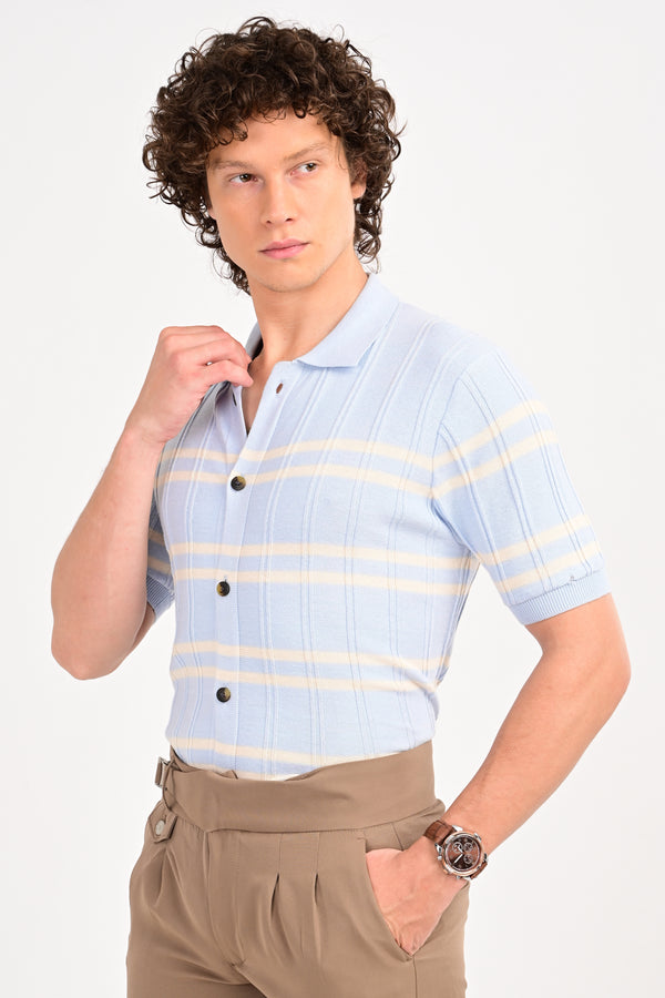 Blue Half Sleeve Horizontal Stripe Polo Shirt