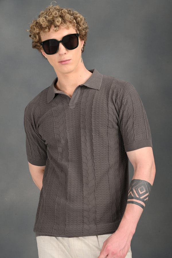 Dark Grey Self Design Polo T-Shirt