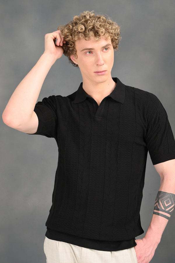 Black Self Design Polo T-Shirt