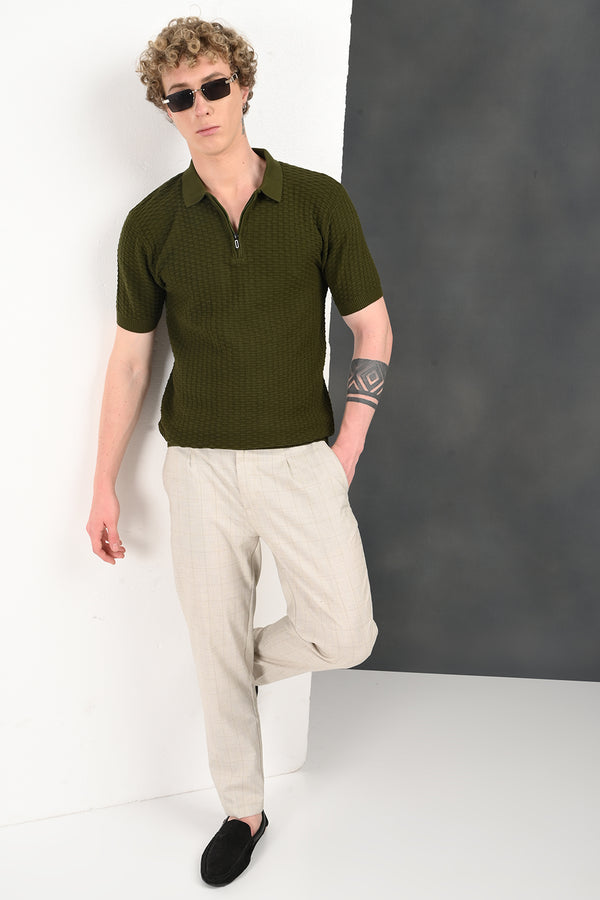 Olive Green Collar Zip T-Shirt