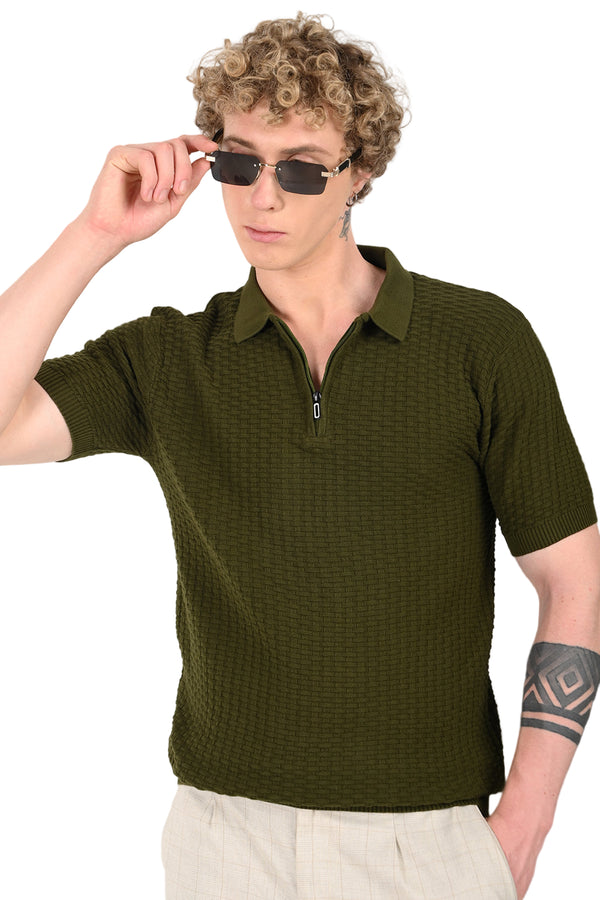 Olive Green Collar Zip T-Shirt