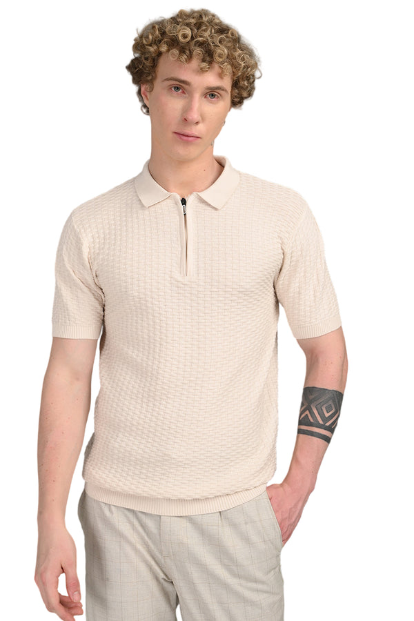 Cream Collar Zip T-Shirt