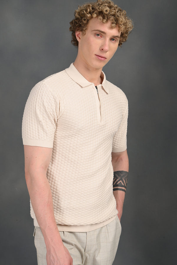 Cream Collar Zip T-Shirt