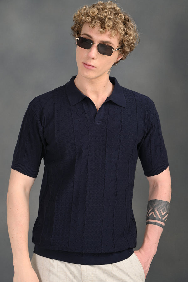 Navy Blue Self Design Polo T-Shirt