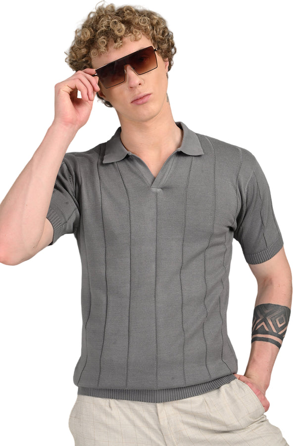 Grey Knitted Polo T-Shirt