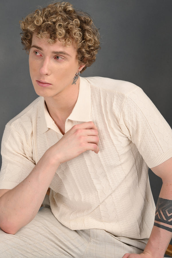 Cream Self Design Polo T-Shirt