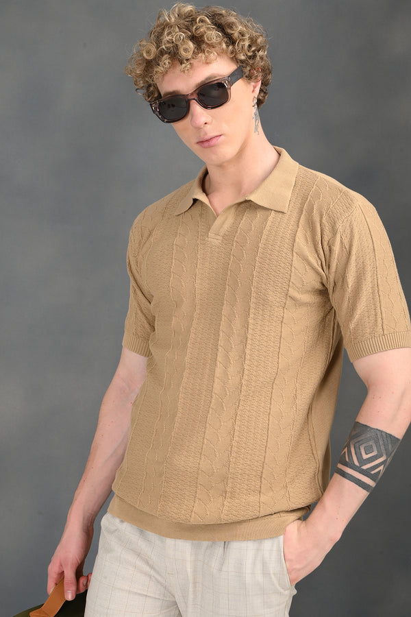 Wheat Self Design Polo T-Shirt