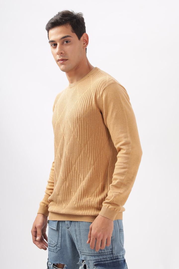 Diamond Knitted Beige Full-Sleeve T-Shirt Ilyzly