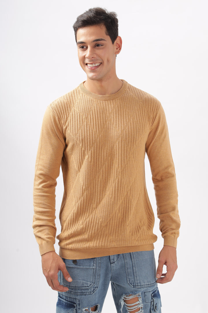 Diamond Knitted Beige Full-Sleeve T-Shirt Ilyzly