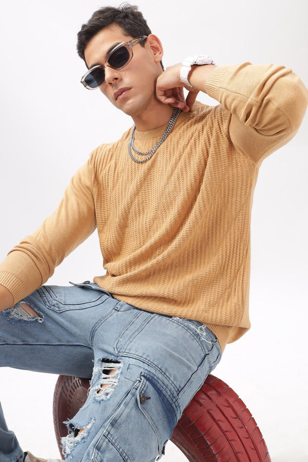 Diamond Knitted Beige Full-Sleeve T-Shirt Ilyzly