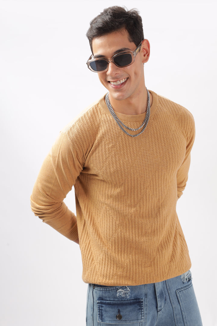 Diamond Knitted Beige Full-Sleeve T-Shirt Ilyzly