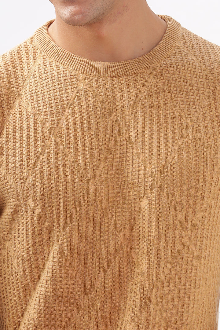 Diamond Knitted Beige Full-Sleeve T-Shirt Ilyzly