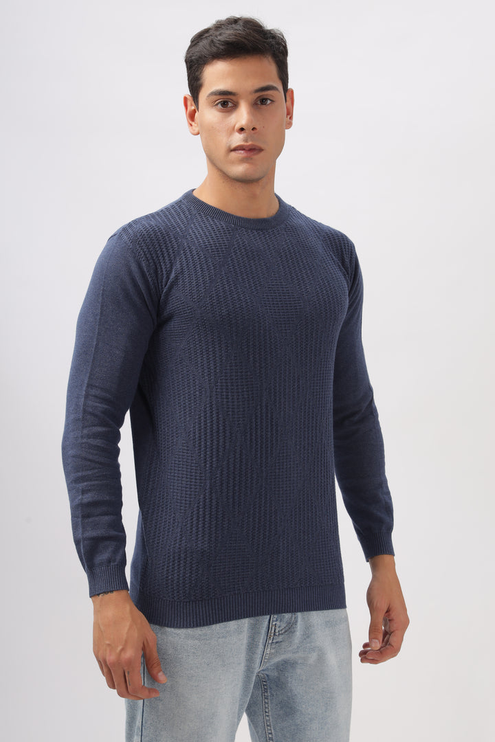 Diamond Knitted Blue Full-Sleeve T-Shirt Ilyzly