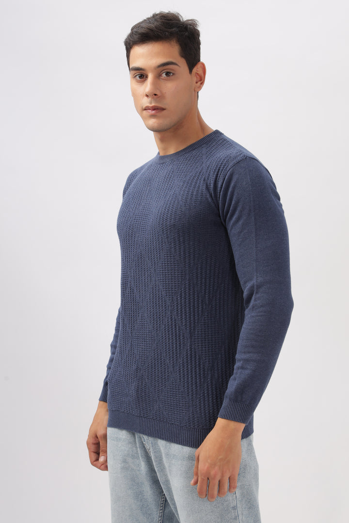 Diamond Knitted Blue Full-Sleeve T-Shirt Ilyzly