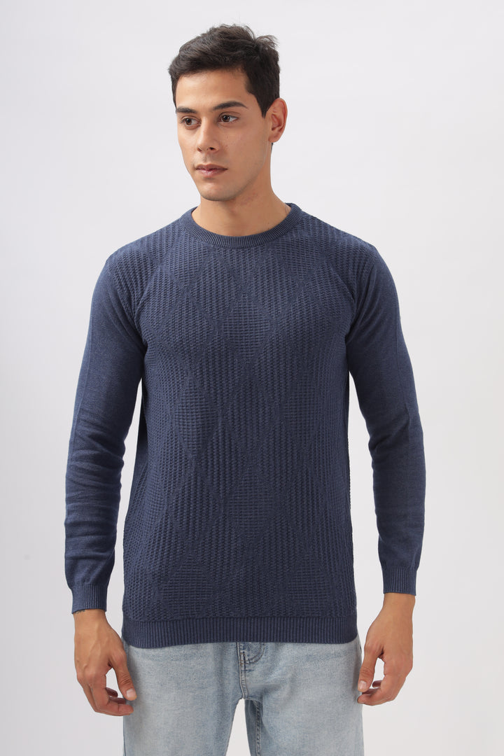 Diamond Knitted Blue Full-Sleeve T-Shirt Ilyzly