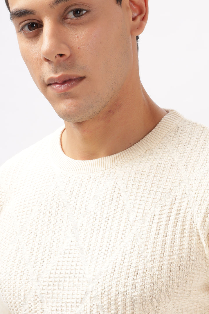 Diamond Knitted Cream Full-Sleeve T-Shirt Ilyzly